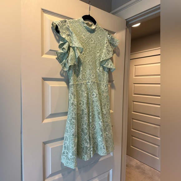 Anthropologie Maeve Mock Neck Lace Mini Dress in Moss Green - Picture 6 of 10